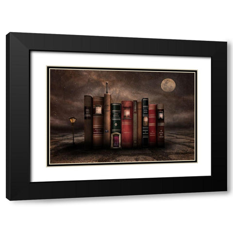 Night Library Black Modern Wood Framed Art Print with Double Matting by Vekemans, Muriel