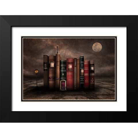 Night Library Black Modern Wood Framed Art Print with Double Matting by Vekemans, Muriel