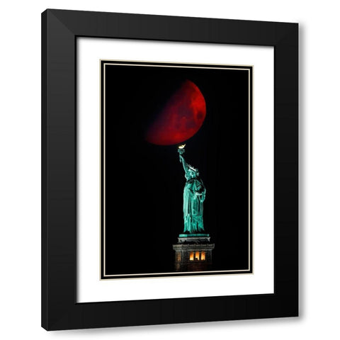 Statue Of Liberty And Moonset Black Modern Wood Framed Art Print with Double Matting by Zhu, Hua