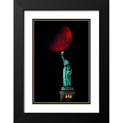 Statue Of Liberty And Moonset Black Modern Wood Framed Art Print with Double Matting by Zhu, Hua