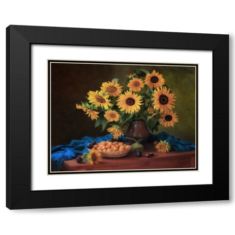 Still Life With Sunflowers And Plums Black Modern Wood Framed Art Print with Double Matting by Skorokhod, Tatyana