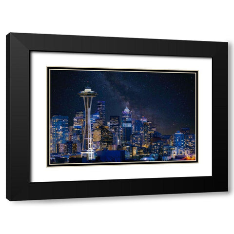Night At Seattle Black Modern Wood Framed Art Print with Double Matting by Gao, Danny