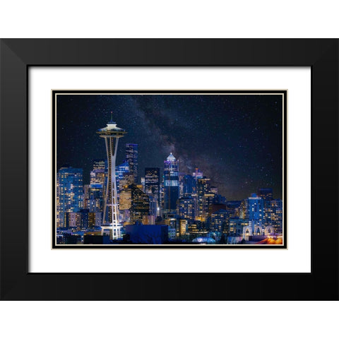 Night At Seattle Black Modern Wood Framed Art Print with Double Matting by Gao, Danny