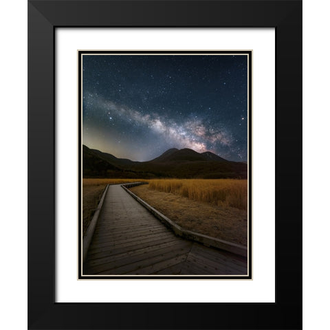 Milky Way shining in the sky of Kuju Mountain Range Black Modern Wood Framed Art Print with Double Matting by Awakari