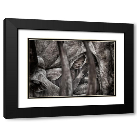 Mundari Child Milking A Cow-II - South Sudan Black Modern Wood Framed Art Print with Double Matting by Inazio Kuesta, Joxe