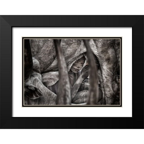 Mundari Child Milking A Cow-II - South Sudan Black Modern Wood Framed Art Print with Double Matting by Inazio Kuesta, Joxe