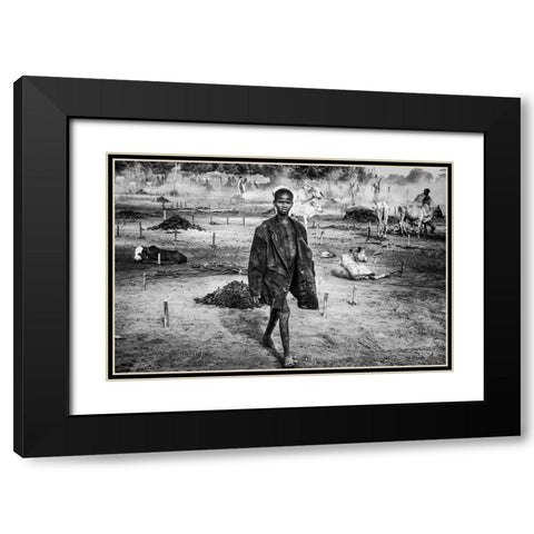 A Scene Of Life In A Mundari Cattle Camp - South Sudan Black Modern Wood Framed Art Print with Double Matting by Inazio Kuesta, Joxe