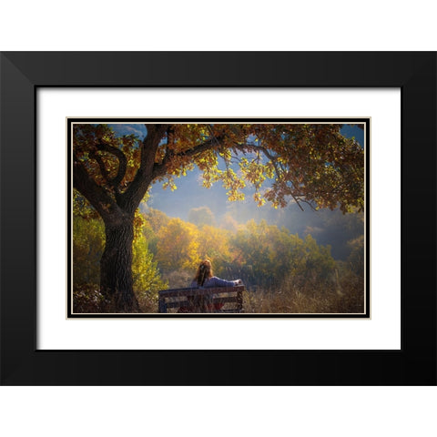 Woman Sitting On A Bench Under A Tree And Facing A Yellow Autumn Black Modern Wood Framed Art Print with Double Matting by Oprea, Vio