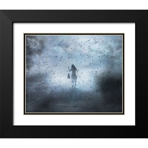 Girl And Bird Black Modern Wood Framed Art Print with Double Matting by Lammakmak