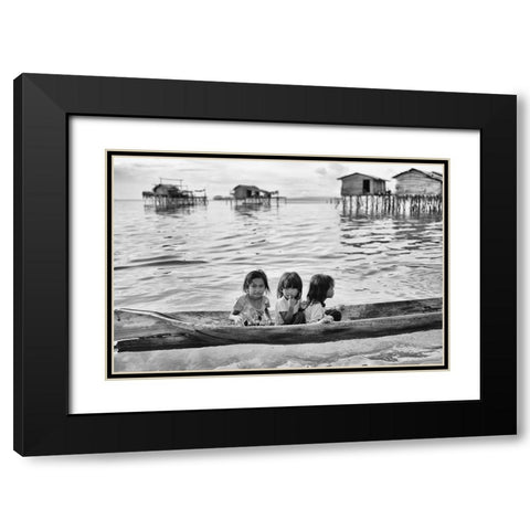 Three Girls In A Canoe Black Modern Wood Framed Art Print with Double Matting by Long, Kieron
