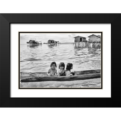 Three Girls In A Canoe Black Modern Wood Framed Art Print with Double Matting by Long, Kieron