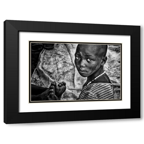 Larim Tribe Girl Massaging Feet - South Sudan Black Modern Wood Framed Art Print with Double Matting by Inazio Kuesta, Joxe