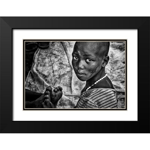 Larim Tribe Girl Massaging Feet - South Sudan Black Modern Wood Framed Art Print with Double Matting by Inazio Kuesta, Joxe