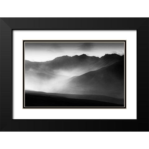 A Mountain Morning Black Modern Wood Framed Art Print with Double Matting by He, Mike