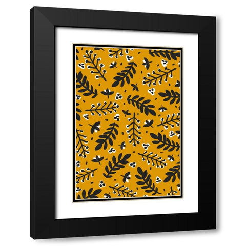 Branches And Berries (Yellow) Black Modern Wood Framed Art Print with Double Matting by Treechild