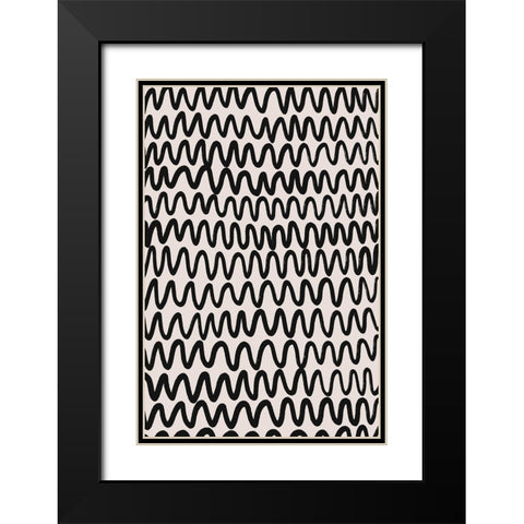 Thin Black Waves Pattern Black Modern Wood Framed Art Print with Double Matting by Treechild