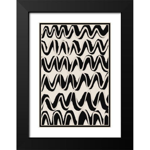 Beige Black Waves Pattern Black Modern Wood Framed Art Print with Double Matting by Treechild
