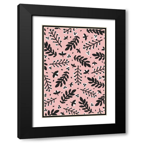 Branches And Berries (Pink) Black Modern Wood Framed Art Print with Double Matting by Treechild