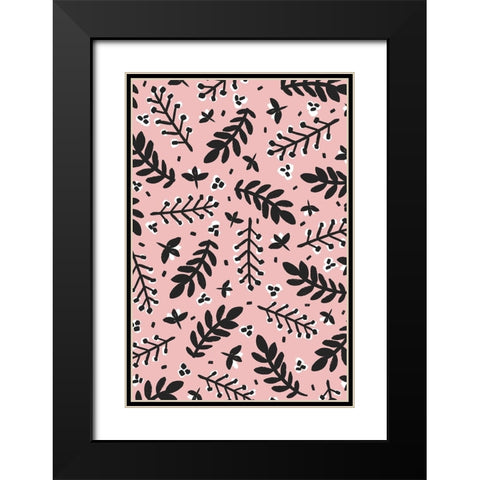 Branches And Berries (Pink) Black Modern Wood Framed Art Print with Double Matting by Treechild