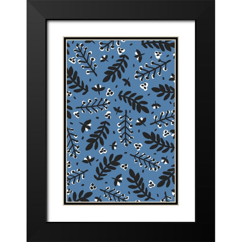 Branches And Berries (Blue) Black Modern Wood Framed Art Print with Double Matting by Treechild