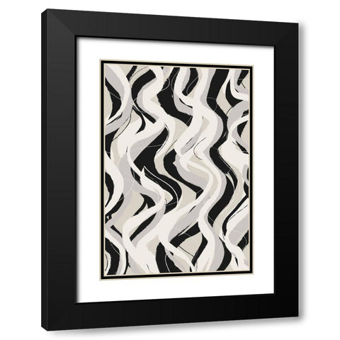 Beige Grey Black Waves Pattern Black Modern Wood Framed Art Print with Double Matting by Treechild
