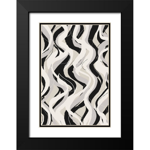 Beige Grey Black Waves Pattern Black Modern Wood Framed Art Print with Double Matting by Treechild