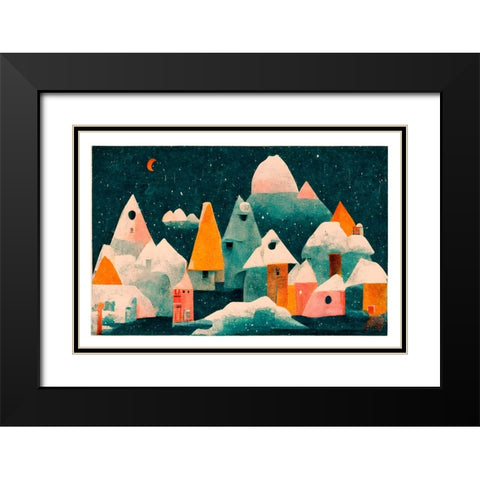 Little Village With Moon Black Modern Wood Framed Art Print with Double Matting by Treechild