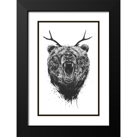 Angry Bear with Antlers Black Modern Wood Framed Art Print with Double Matting by Solti, Balazs