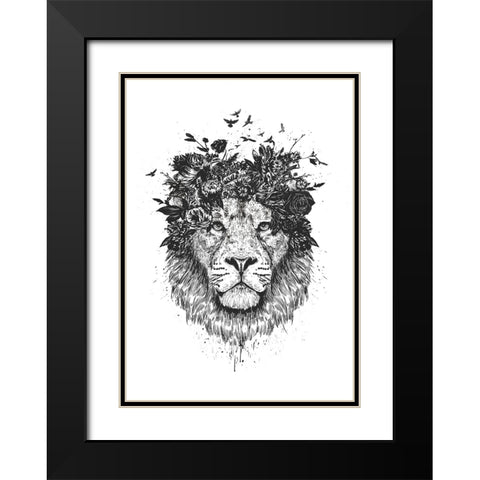 Floral lion (bw) Black Modern Wood Framed Art Print with Double Matting by Solti, Balazs