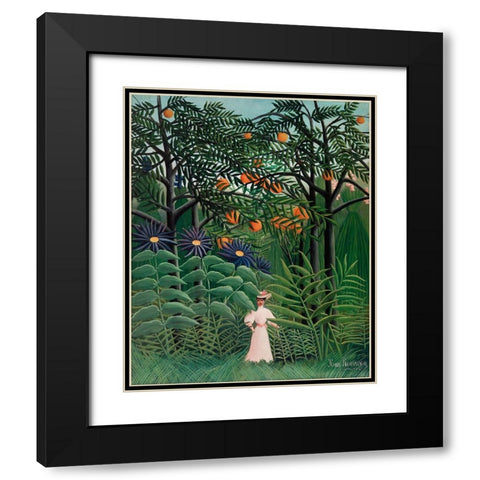 Femme Se Promenant Dans Une Foret Exotique Black Modern Wood Framed Art Print with Double Matting by Pictufy
