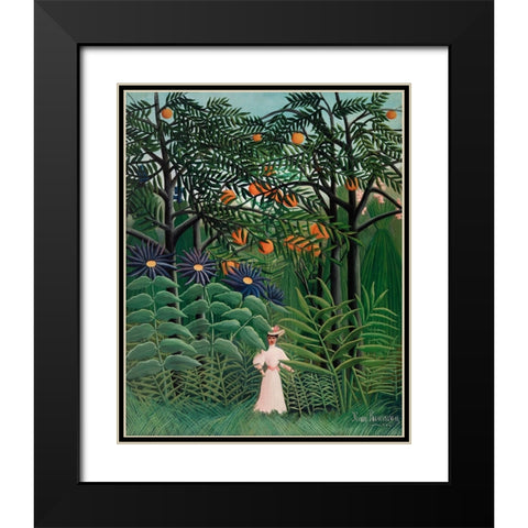 Femme Se Promenant Dans Une Foret Exotique Black Modern Wood Framed Art Print with Double Matting by Pictufy
