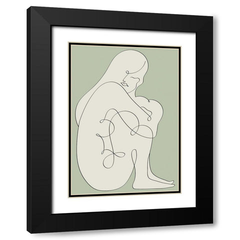 Sitting Woman Green Black Modern Wood Framed Art Print with Double Matting by Pictufy Studio II
