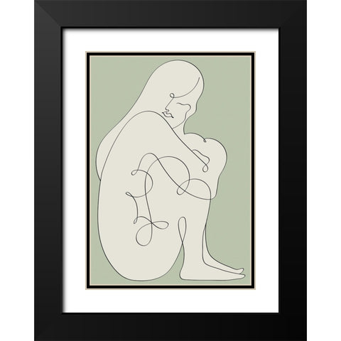 Sitting Woman Green Black Modern Wood Framed Art Print with Double Matting by Pictufy Studio II