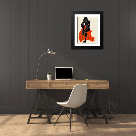 Woman Resting Her Chin On Her Hand Dark Black Modern Wood Framed Art Print with Double Matting by Gulina, Francesco