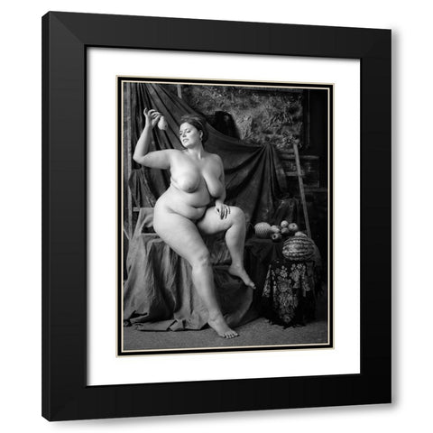 Portrait Of A Girl With A Pear Black Modern Wood Framed Art Print with Double Matting by zanzib