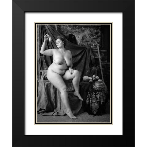 Portrait Of A Girl With A Pear Black Modern Wood Framed Art Print with Double Matting by zanzib