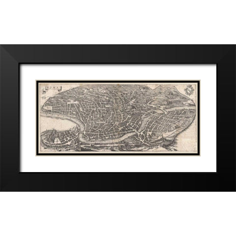 Panoramic View of Rome Black Modern Wood Framed Art Print with Double Matting by Merian, Matheus