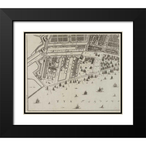 Amsterdam Sectional Map Black Modern Wood Framed Art Print with Double Matting by De Broen, Gerrit