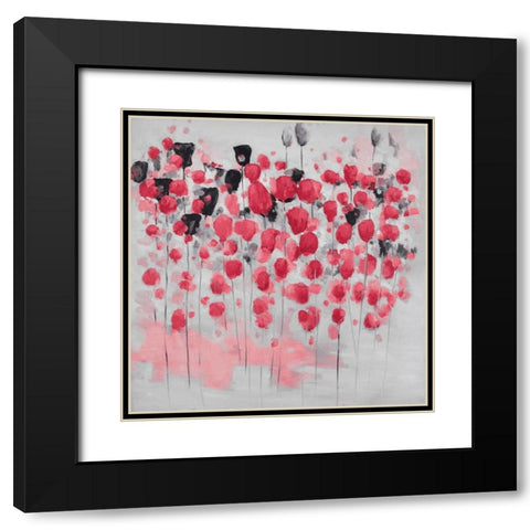 Abstract pink flowers field Black Modern Wood Framed Art Print with Double Matting by Atelier B Art Studio