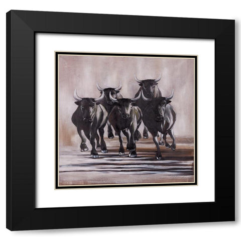 GROUP OF RUNNING BULLS Black Modern Wood Framed Art Print with Double Matting by Atelier B Art Studio