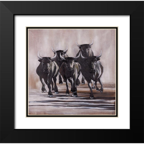GROUP OF RUNNING BULLS Black Modern Wood Framed Art Print with Double Matting by Atelier B Art Studio