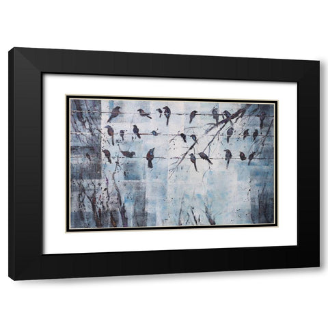 ABSTRACT BIRDS ON ELECTRIC WIRE Black Modern Wood Framed Art Print with Double Matting by Atelier B Art Studio