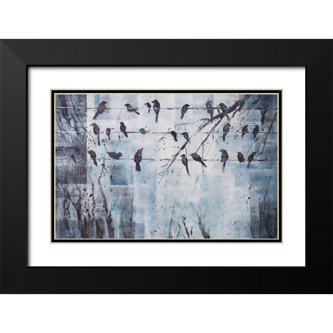 ABSTRACT BIRDS ON ELECTRIC WIRE Black Modern Wood Framed Art Print with Double Matting by Atelier B Art Studio