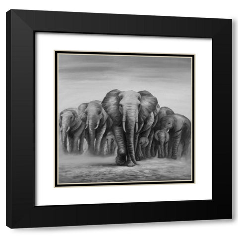 Herd Elephants Black Modern Wood Framed Art Print with Double Matting by Atelier B Art Studio