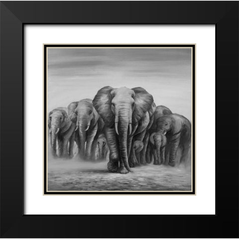 Herd Elephants Black Modern Wood Framed Art Print with Double Matting by Atelier B Art Studio
