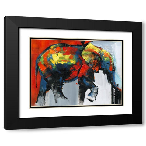 ABSTRACT AND COLORFUL ELEPHANT IN MOTION Black Modern Wood Framed Art Print with Double Matting by Atelier B Art Studio