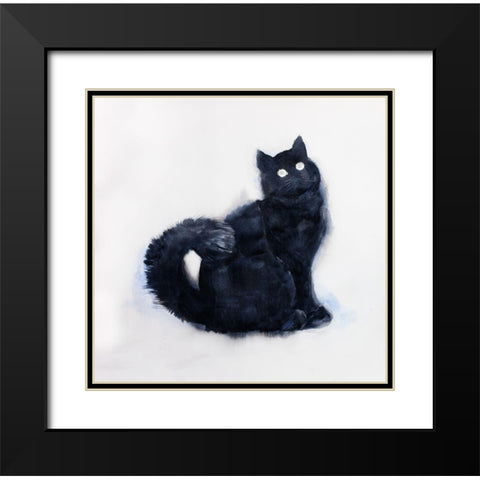 FURRY BLACK WATERCOLOR CAT Black Modern Wood Framed Art Print with Double Matting by Atelier B Art Studio