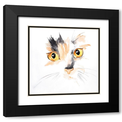 WATERCOLOR CAT FACE CLOSEUP Black Modern Wood Framed Art Print with Double Matting by Atelier B Art Studio