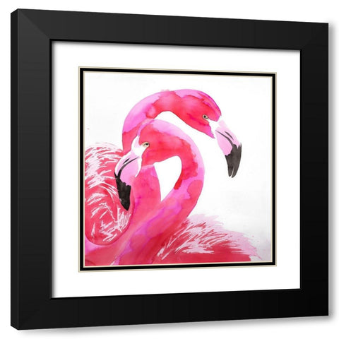 WATERCOLOR FLAMINGO LOVE Black Modern Wood Framed Art Print with Double Matting by Atelier B Art Studio