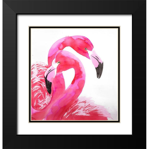 WATERCOLOR FLAMINGO LOVE Black Modern Wood Framed Art Print with Double Matting by Atelier B Art Studio